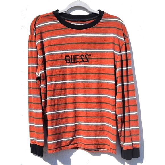 Vintage 90s Guess Shirt Mens Small Orange Striped Preppy Embroidered Logo Knit - Picture 1 of 6